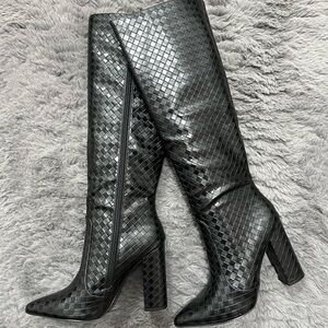Black Woven Knee-High Boots